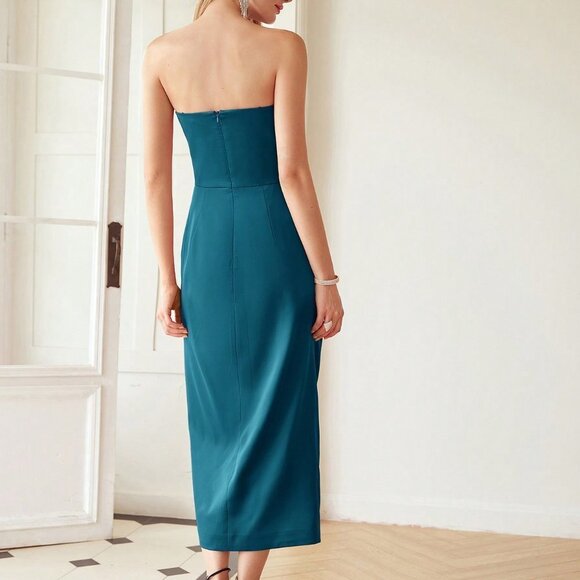 TEAL BLUE PREPPY WOMENS GATHERED STRAPLESS DRESS - Picture 5 of 5